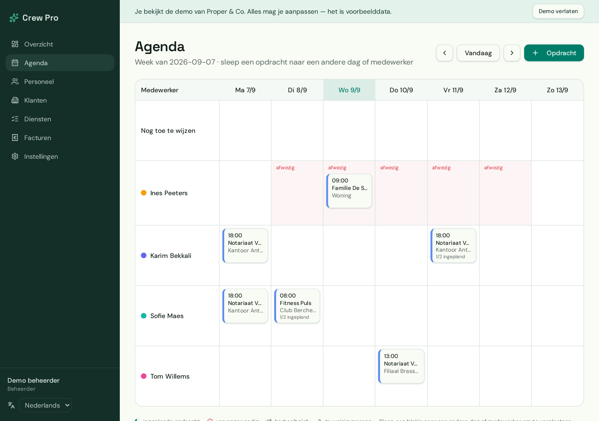 Schermafbeelding van de weekagenda van Crew Pro
